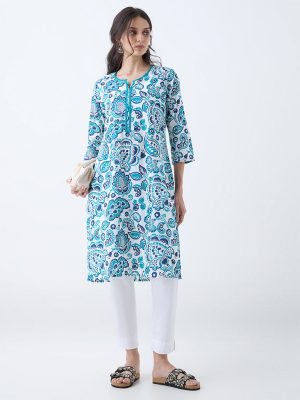 Utsa Turquoise Floral Printed Cotton Straight Kurta