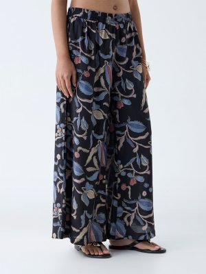 Utsa Black Foliage Printed Palazzos