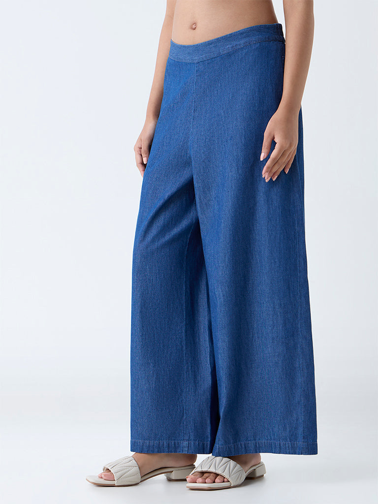 Utsa Indigo Solid Denim Palazzos