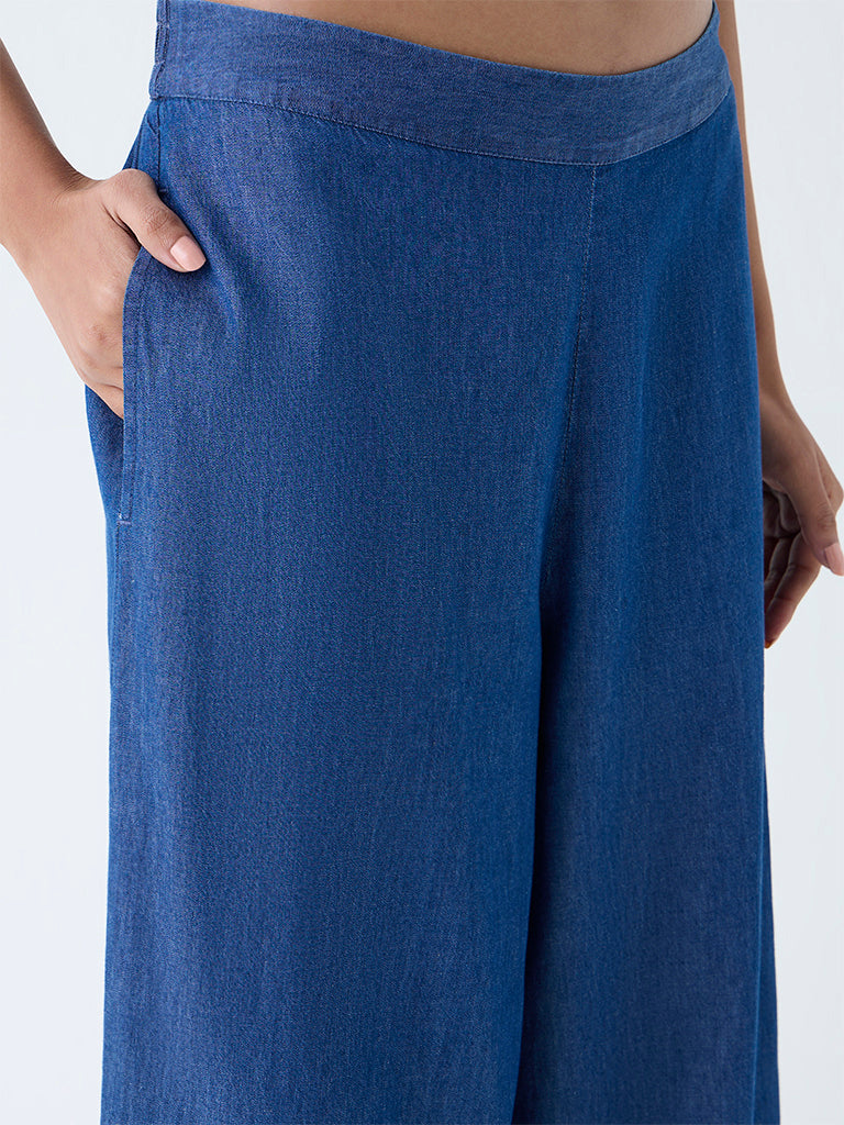 Utsa Indigo Solid Denim Palazzos - Image 3