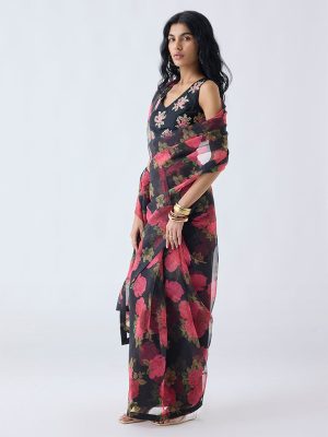 Vark Black Ready-To-Wear Saree with Ethnic Blouse Set
