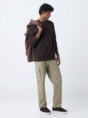 WES Casuals Beige Relaxed-Fit Mid-Rise Cotton-Blend Pants