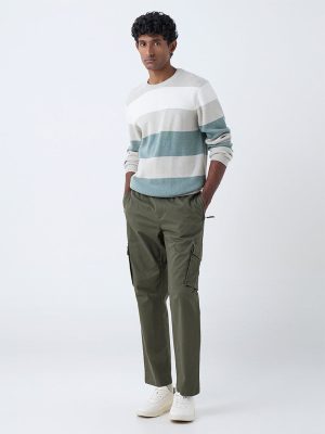 WES Casuals Olive Relaxed-Fit Mid-Rise Cotton-Blend Pants