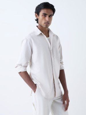 WES Casuals Beige Striped Relaxed-Fit Cotton Shirt