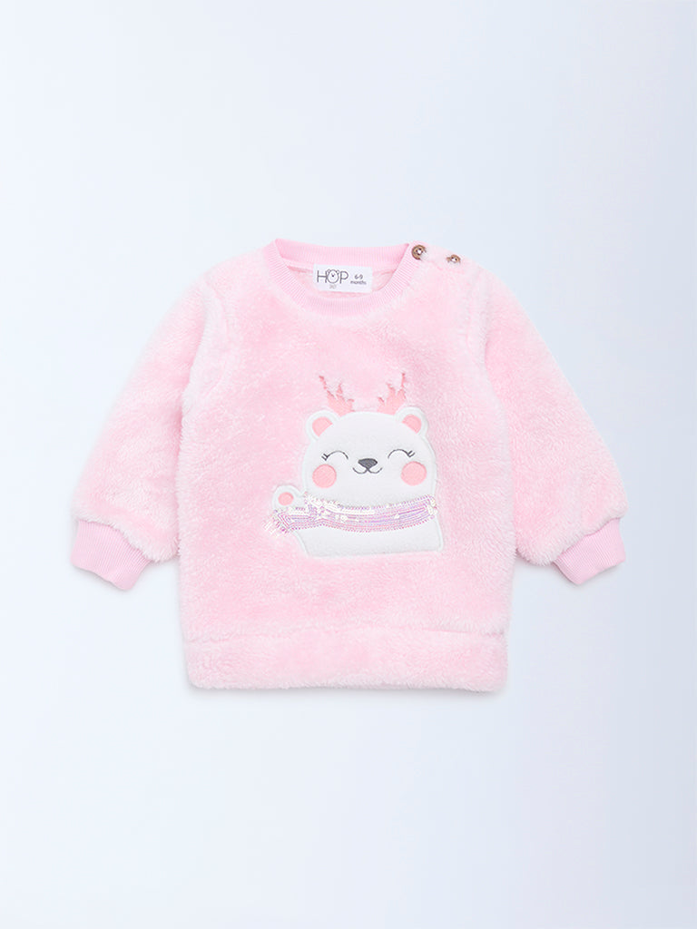 HOP Baby Pink Animal Embroidered Fur Sweater - Image 2