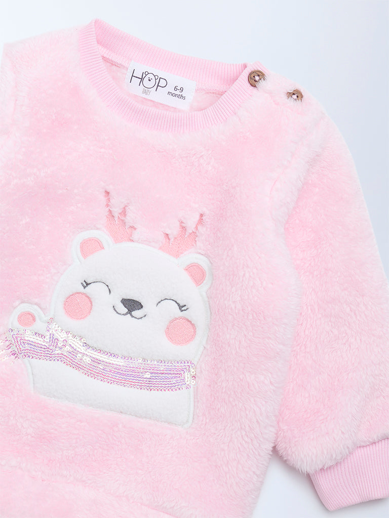 HOP Baby Pink Animal Embroidered Fur Sweater - Image 4