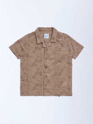 HOP Kids Taupe Floral Embroidered Cotton Shirt