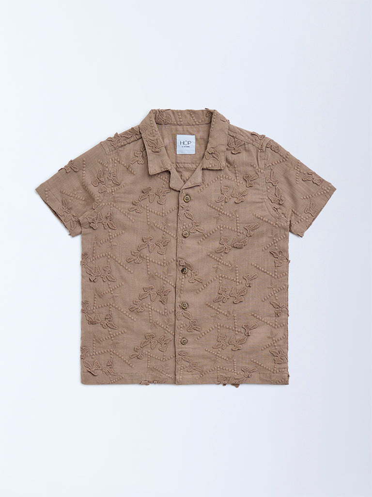 HOP Kids Taupe Floral Embroidered Cotton Shirt