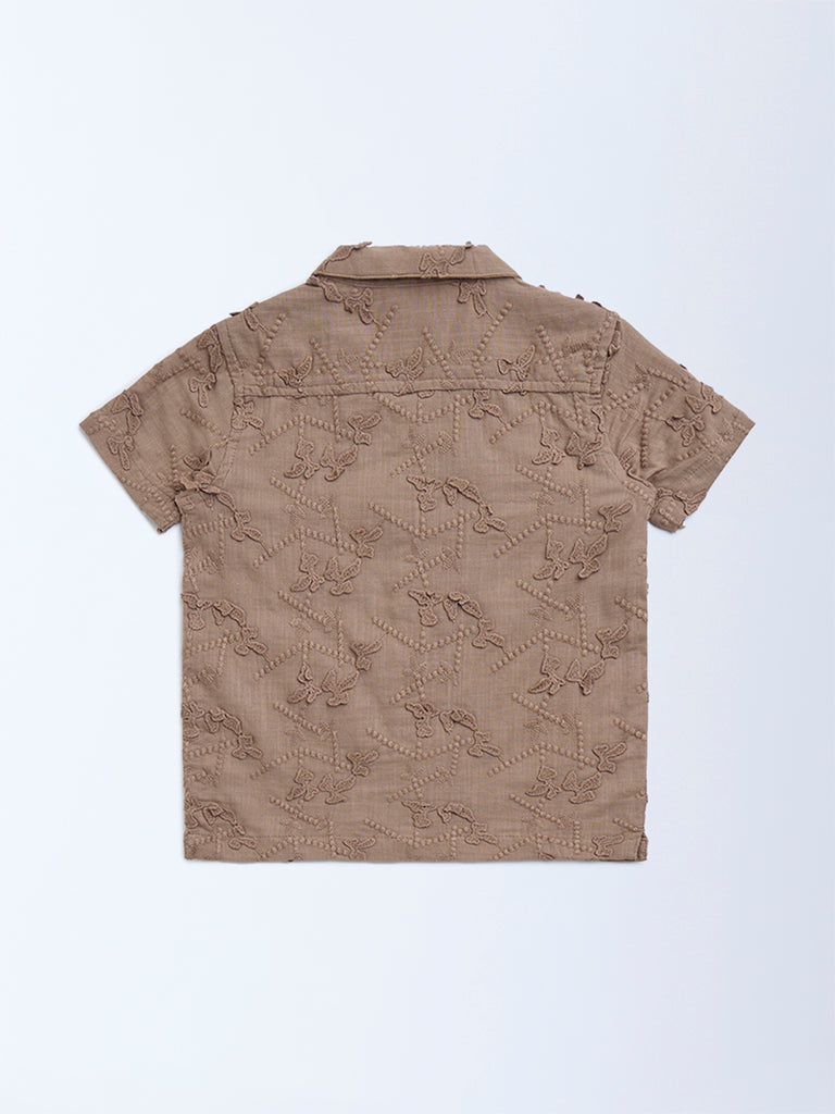 HOP Kids Taupe Floral Embroidered Cotton Shirt - Image 2