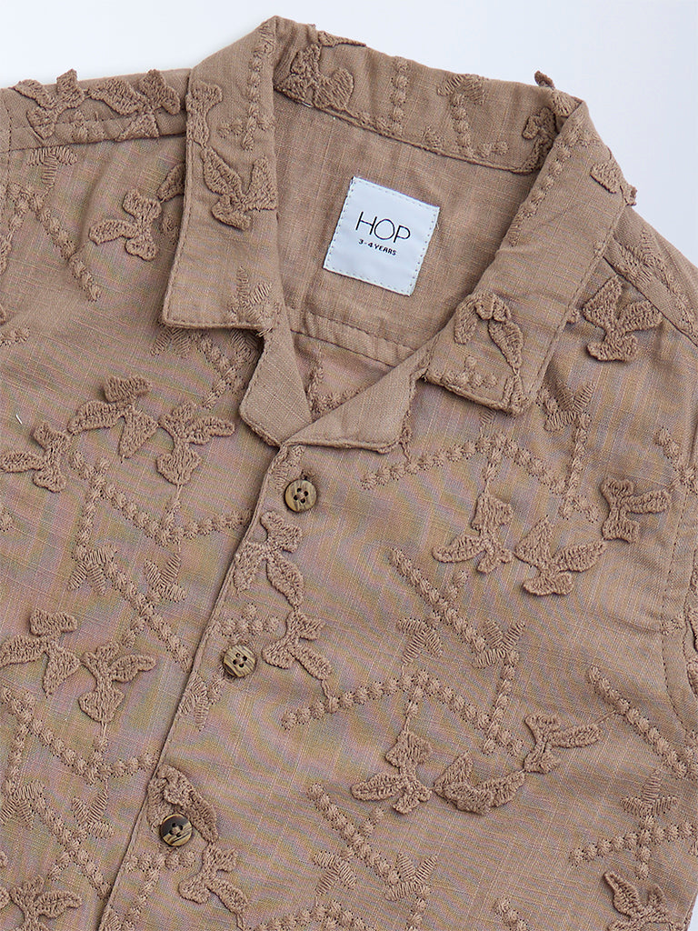 HOP Kids Taupe Floral Embroidered Cotton Shirt - Image 3