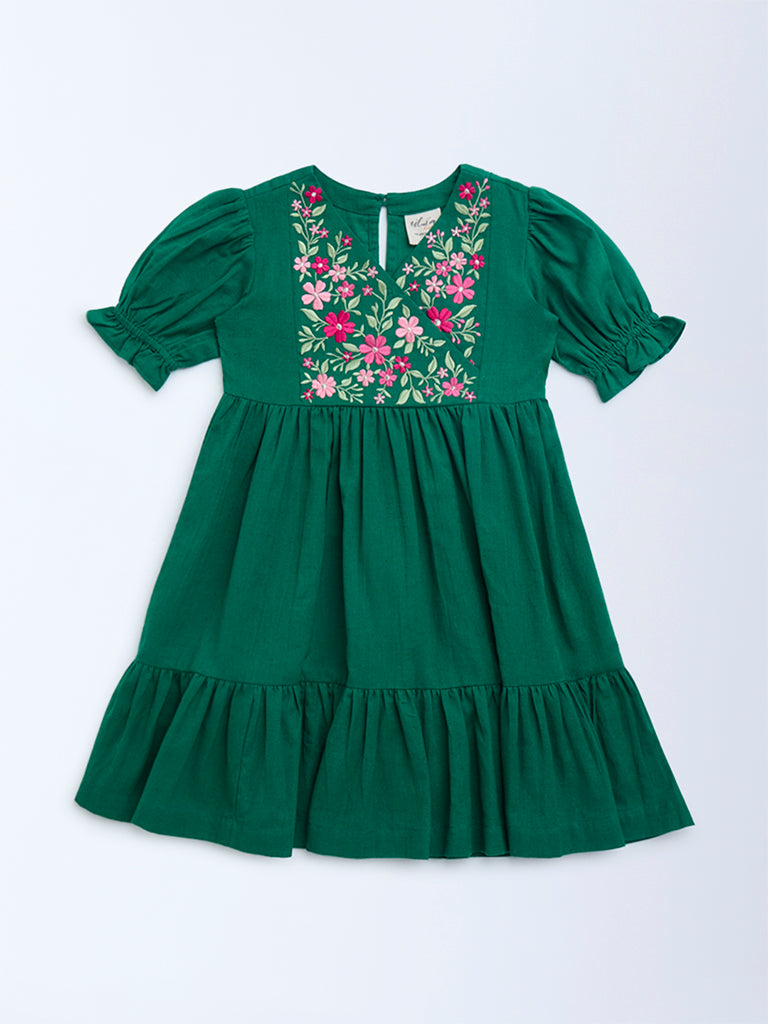 Utsa Kids Sea Green Floral Embroidered Cotton Tiered Dress - (2-8yrs) - Image 2