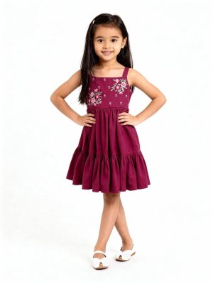 Utsa Kids Magenta Embroidered Cotton-Blend Tiered Dress - (2-8yrs)