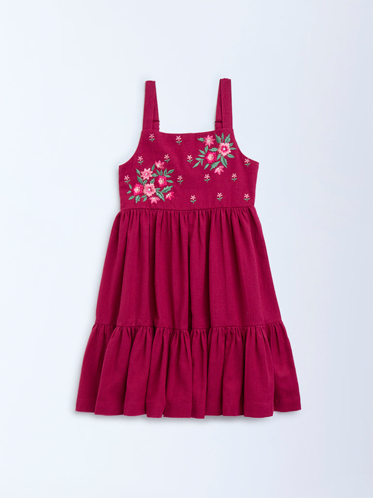 Utsa Kids Magenta Embroidered Cotton-Blend Tiered Dress - (2-8yrs) - Image 2