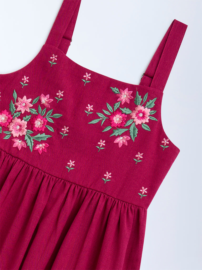 Utsa Kids Magenta Embroidered Cotton-Blend Tiered Dress - (2-8yrs) - Image 4