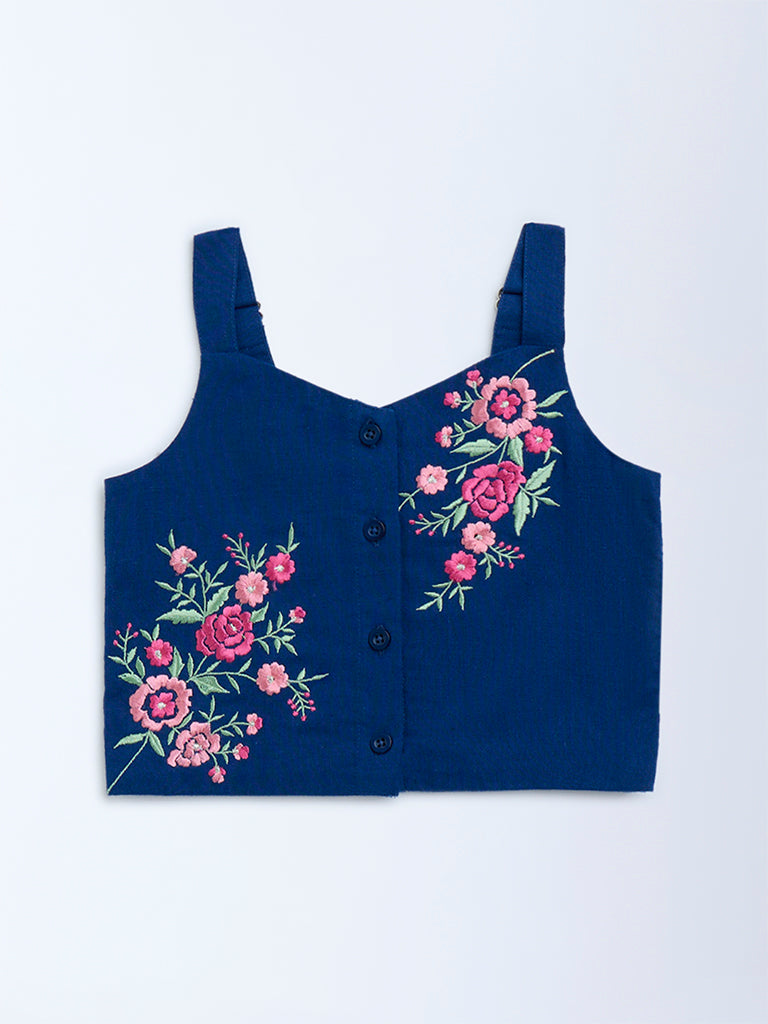Utsa Kids Navy Floral Embroidered Cotton-Blend Ethnic Top - (2-8yrs) - Image 2