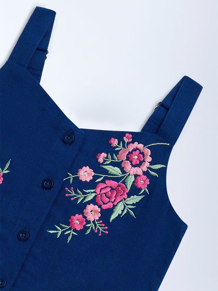 Utsa Kids Navy Floral Embroidered Cotton-Blend Ethnic Top - (2-8yrs) - Image 4