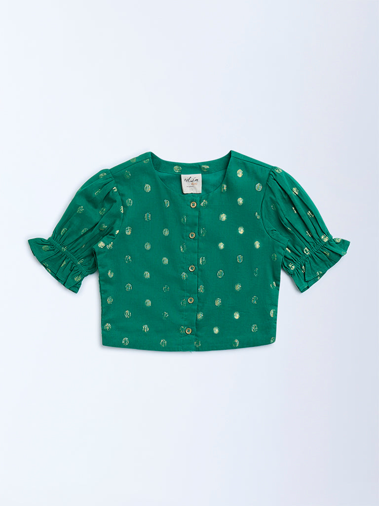 Utsa Kids Green Badla Pattern Cotton-Blend Ethnic Top - (2-8yrs) - Image 2