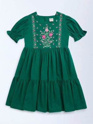 Utsa Kids Sea Green Floral Embroidered Cotton Tiered Dress - (8-14yrs)