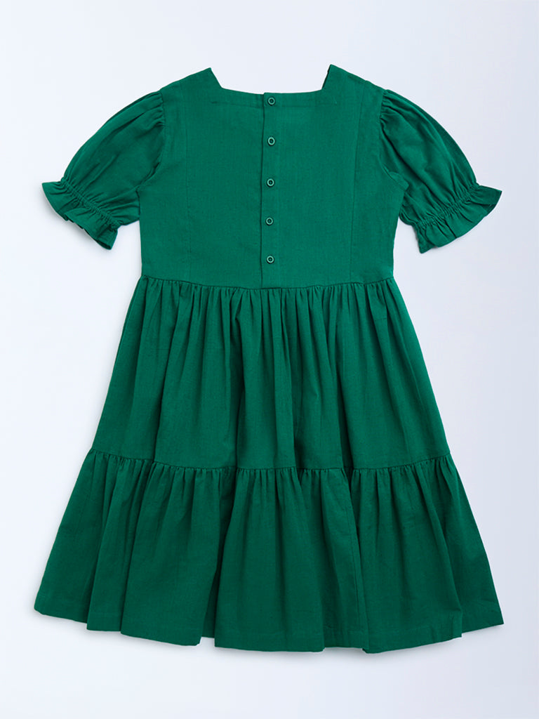 Utsa Kids Sea Green Floral Embroidered Cotton Tiered Dress - (8-14yrs) - Image 2