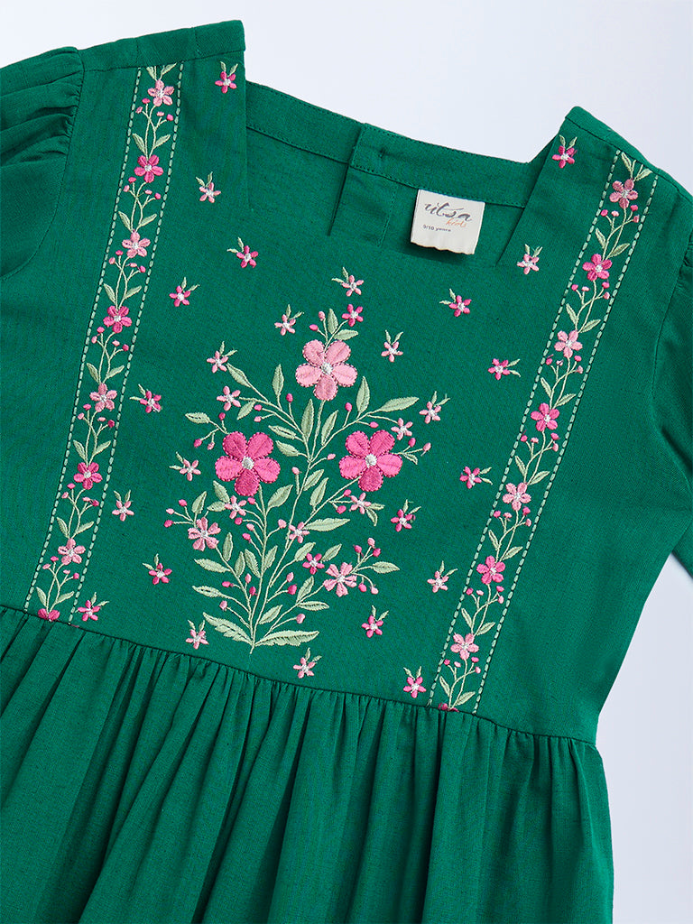 Utsa Kids Sea Green Floral Embroidered Cotton Tiered Dress - (8-14yrs) - Image 3