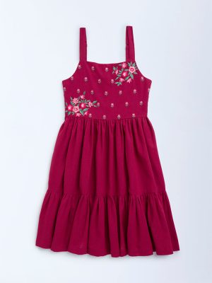 Utsa Kids Magenta Embroidered Cotton-Blend Tiered Dress - (8-14yrs)