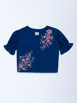 Utsa Kids Navy Floral Embroidered Cotton-Blend Ethnic Top - (8-14yrs)