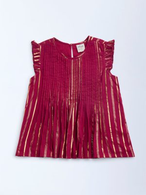 Utsa Kids Red Striped Cotton-Blend Ethnic Top - (8-14yrs)