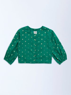 Utsa Kids Green Badla Pattern Cotton-Blend Ethnic Top - (8-14yrs)