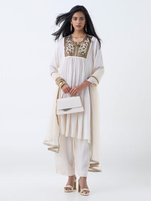 Vark Off-White Embellished A-Line Ethnic Set