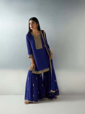 Vark Dark Blue Sequin Embellished Straight Ethnic Set