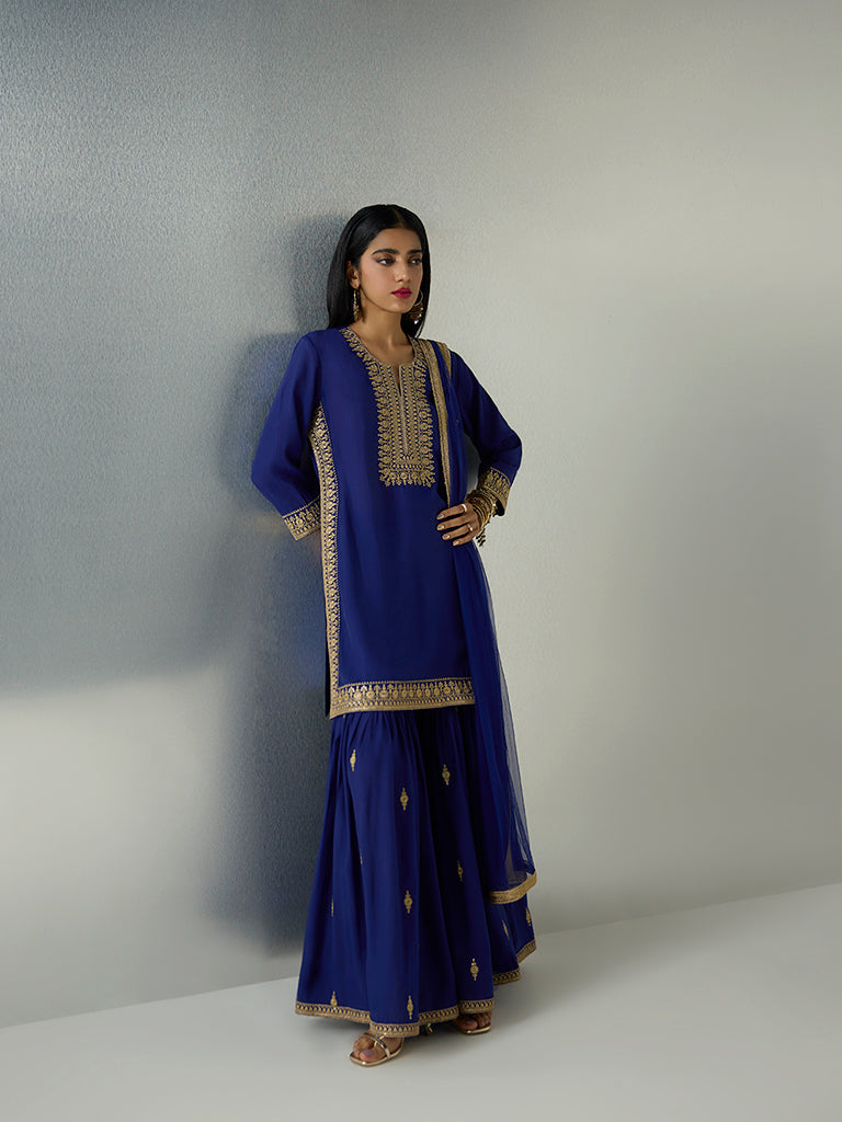 Vark Dark Blue Sequin Embellished Straight Ethnic Set - Image 2