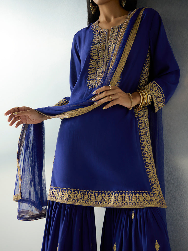 Vark Dark Blue Sequin Embellished Straight Ethnic Set - Image 3