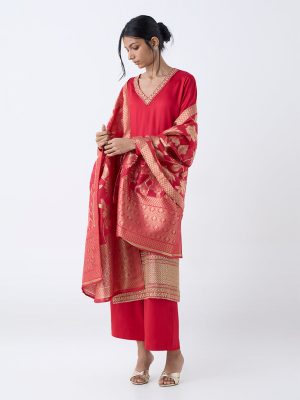 Vark Red Floral Design A-Line Ethnic Set