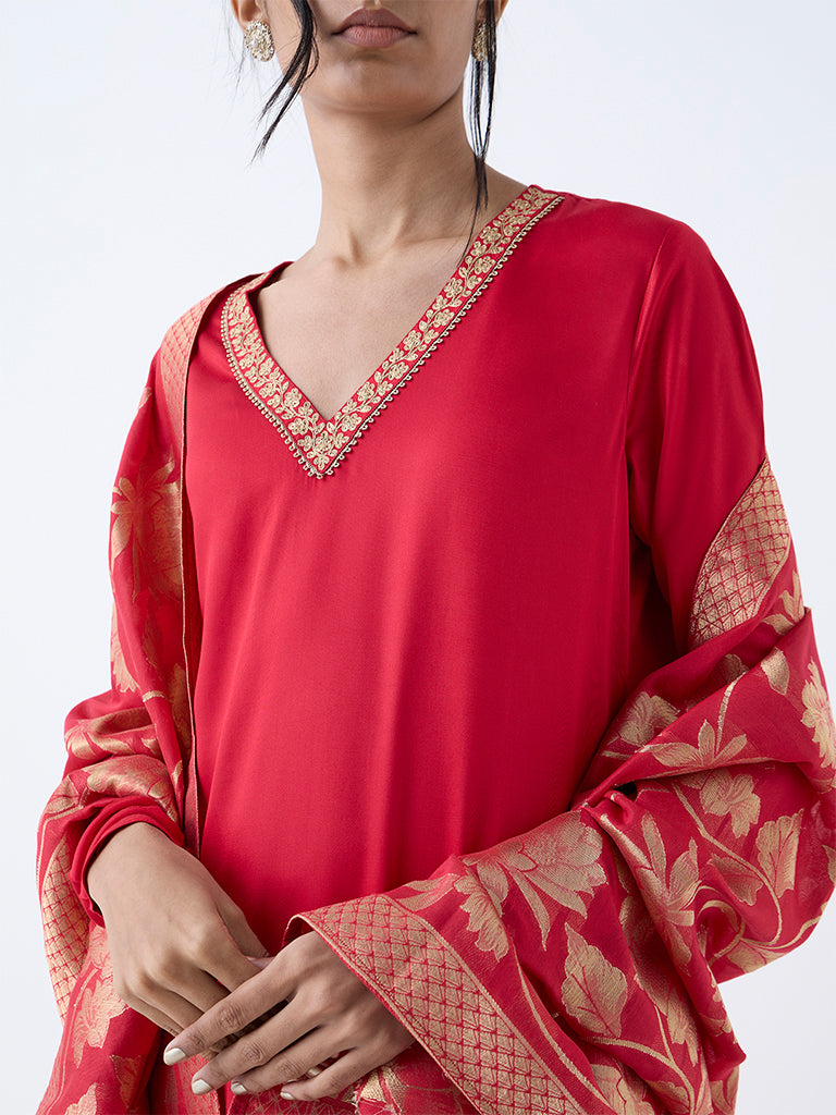 Vark Red Floral Design A-Line Ethnic Set - Image 3