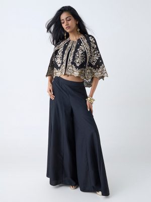 Vark Black Floral Embroidered Cotton-Blend Ethnic Set