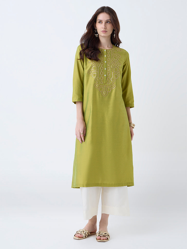 Utsa Lime Sequin Embellished A-Line Kurta - Image 2
