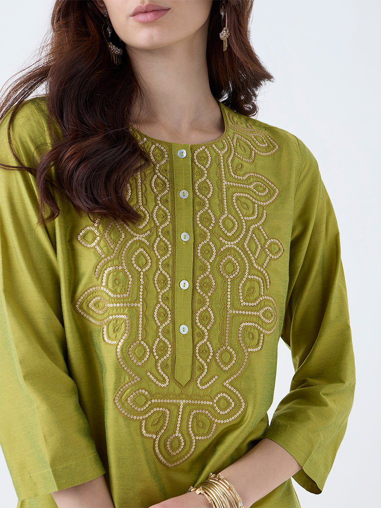 Utsa Lime Sequin Embellished A-Line Kurta - Image 3