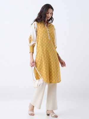 Utsa Yellow Floral Printed Straight Cotton Kurta