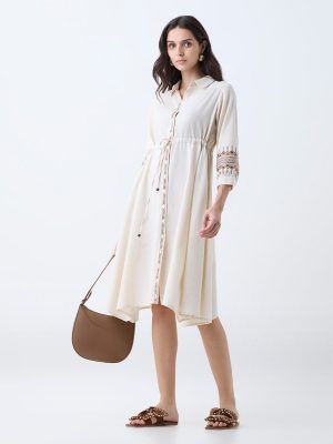 Utsa Cream Embroidered Cotton Shirt Dress