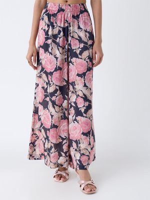Zuba Black Floral Pattern Palazzos