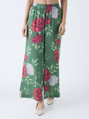 Zuba Dark Green Floral Design Palazzos