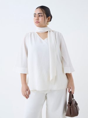 Gia Off-White Textured Scarf-Detailed Top