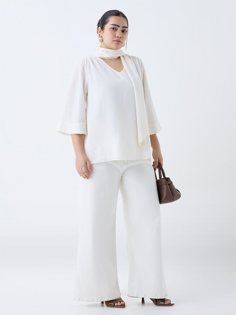 Gia Off-White Textured Scarf-Detailed Top - Image 2