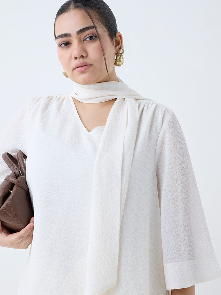 Gia Off-White Textured Scarf-Detailed Top - Image 3