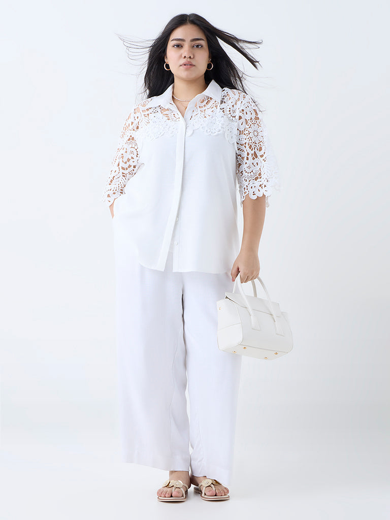 Gia White Floral Lace-Detailed Cotton Shirt