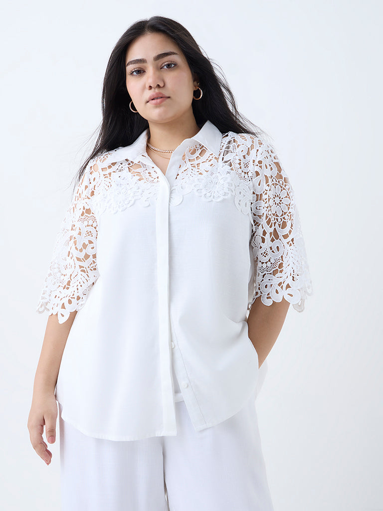 Gia White Floral Lace-Detailed Cotton Shirt - Image 2
