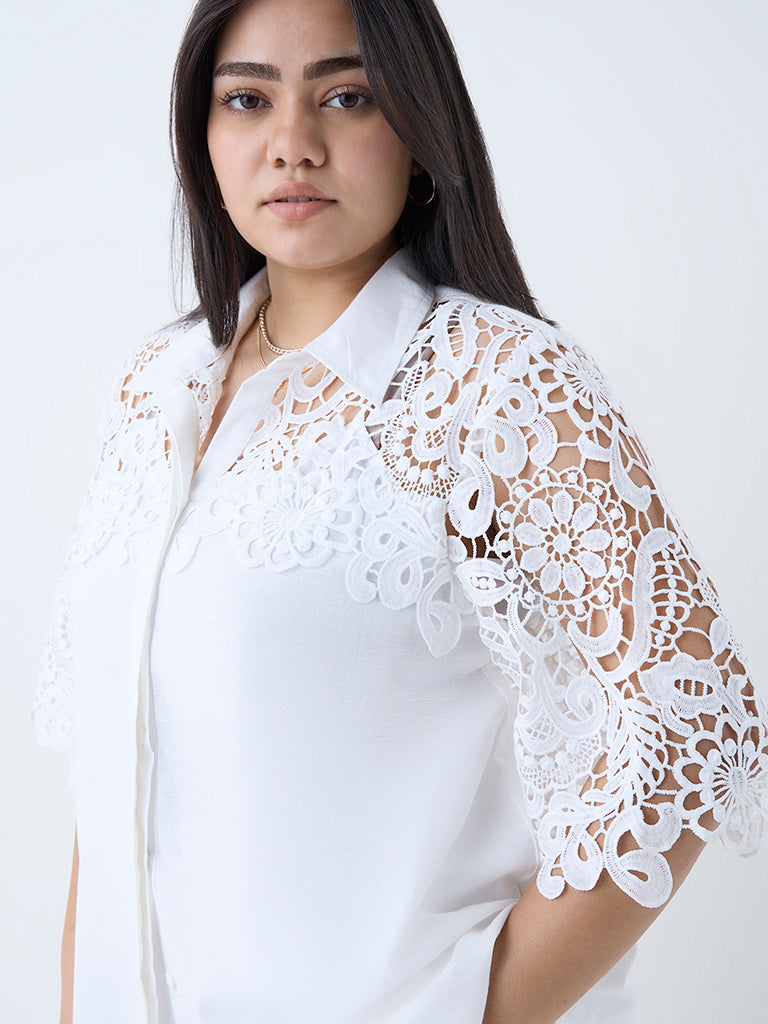 Gia White Floral Lace-Detailed Cotton Shirt - Image 3
