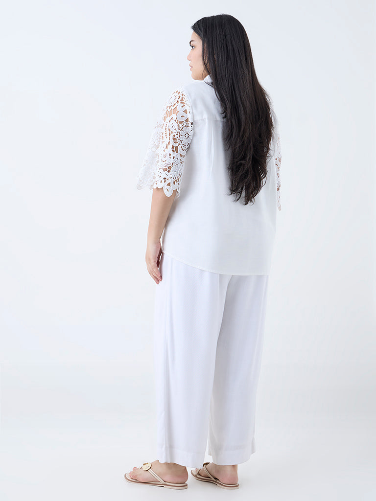 Gia White Floral Lace-Detailed Cotton Shirt - Image 4