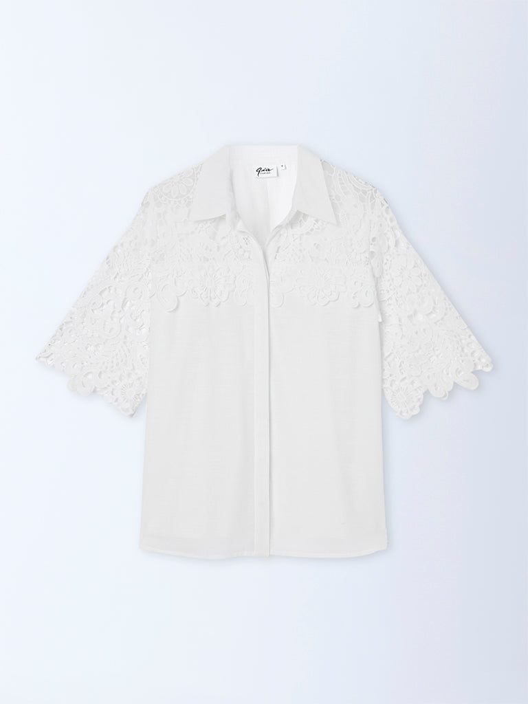 Gia White Floral Lace-Detailed Cotton Shirt - Image 5