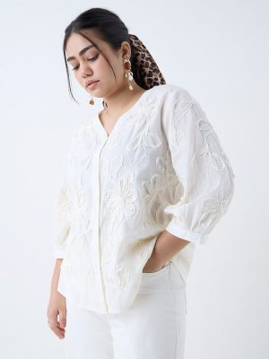 Gia White Floral Applique Design Cotton Blouse
